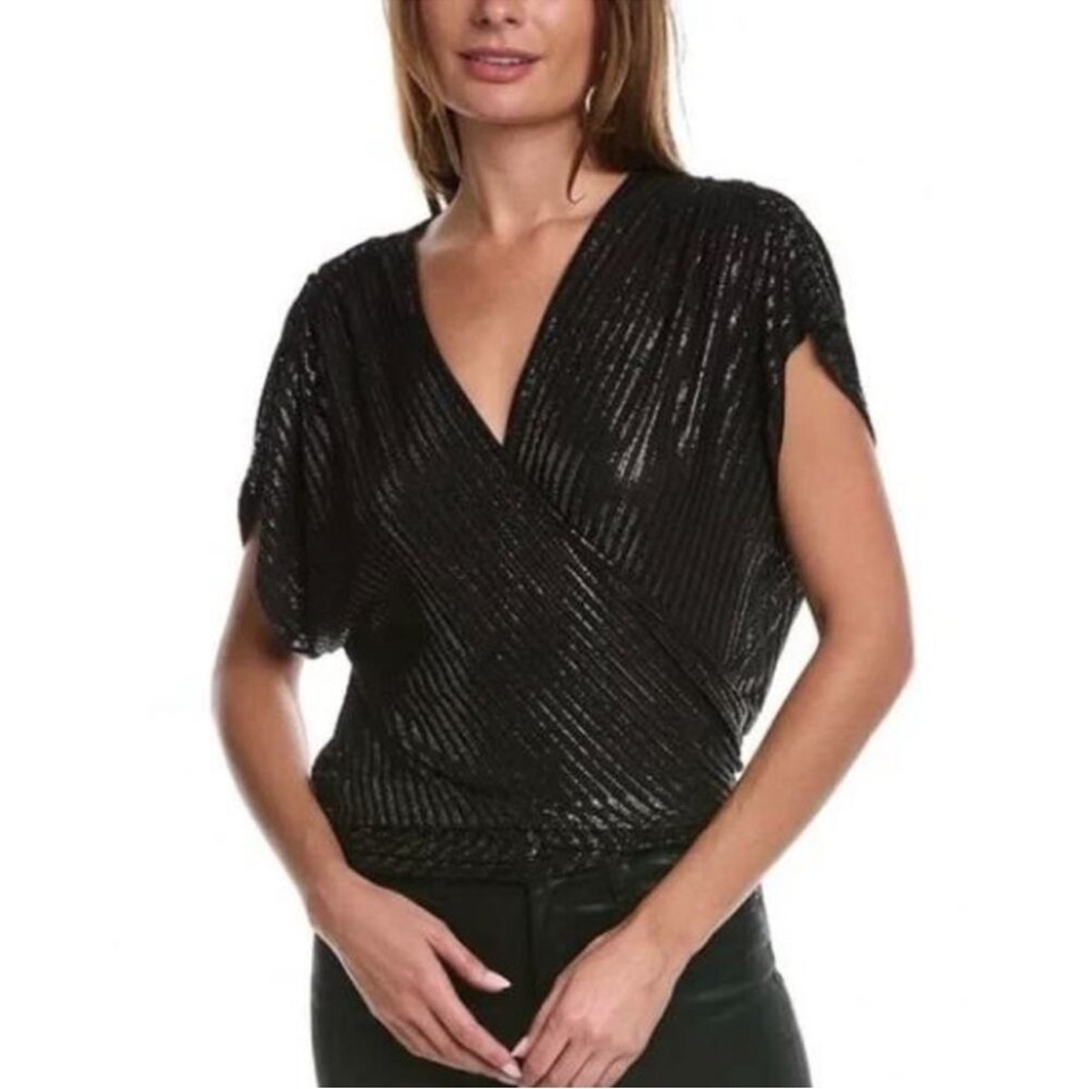 Ramy Brook Margie Black Silver Metallic Cap Sleeve Faux Wrap Blouse XS/S